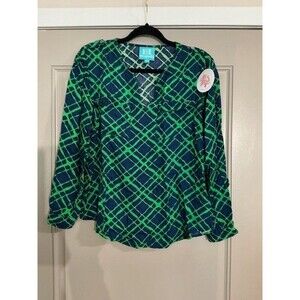 Escapada Adjustable sleeve, 2 front pocket uneven hem Top in navy/green Sz M NWT